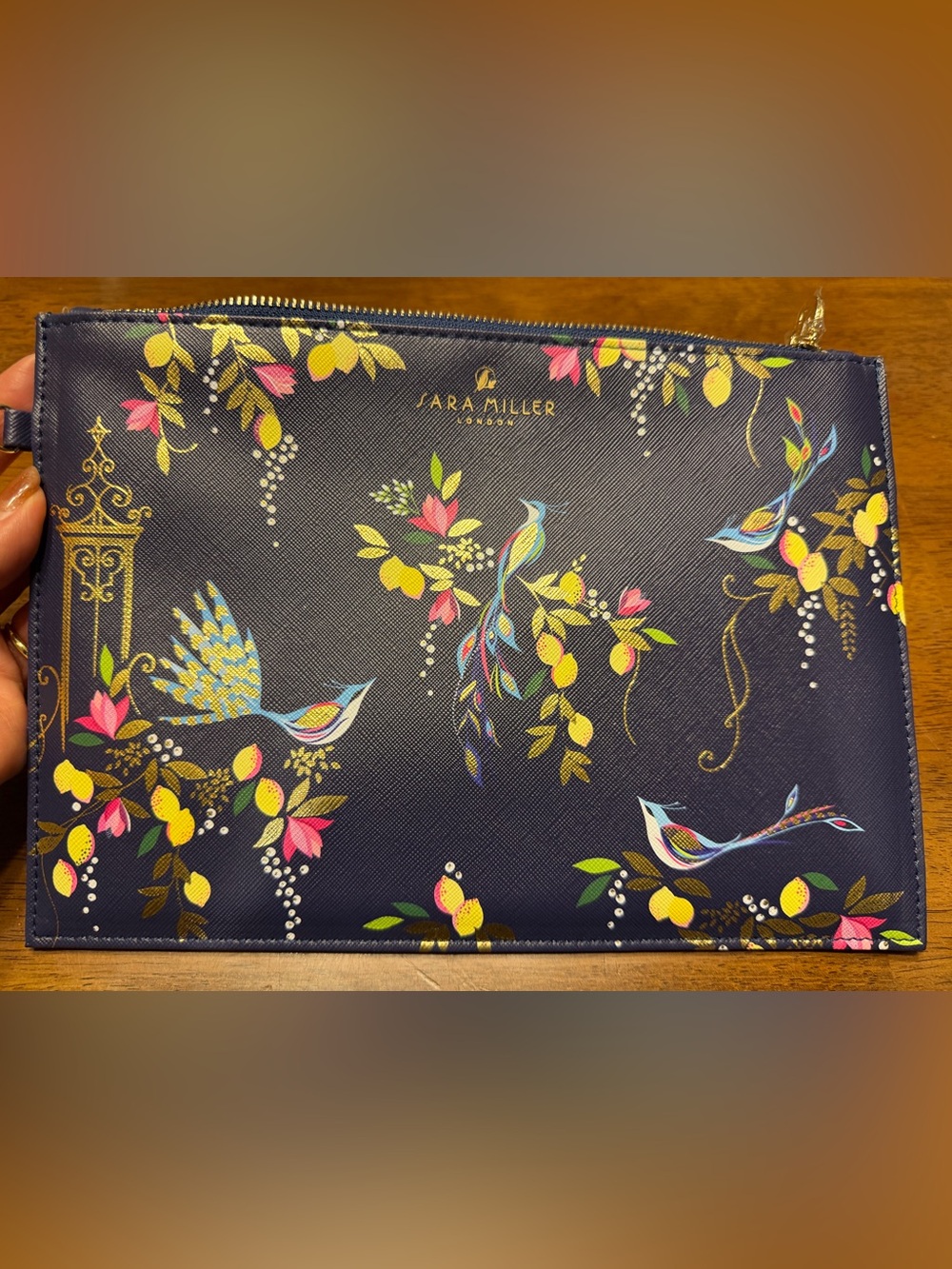 NWT Sarah Miller Navy Floral & Bird Zip Pouch